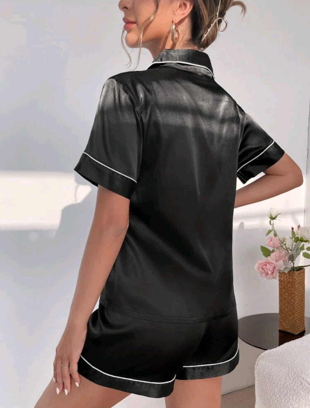 Contrast Piping Blouse & Shorts PJ Set