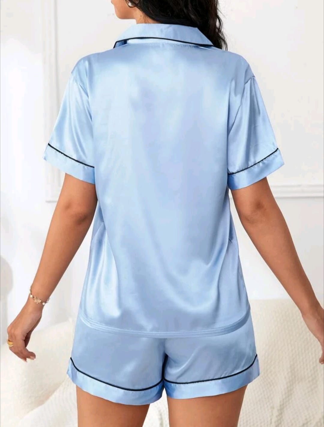Contrast Piping Satin PJ Set