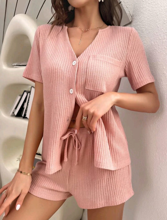 Waffle Knit Patched Pocket PJ Set