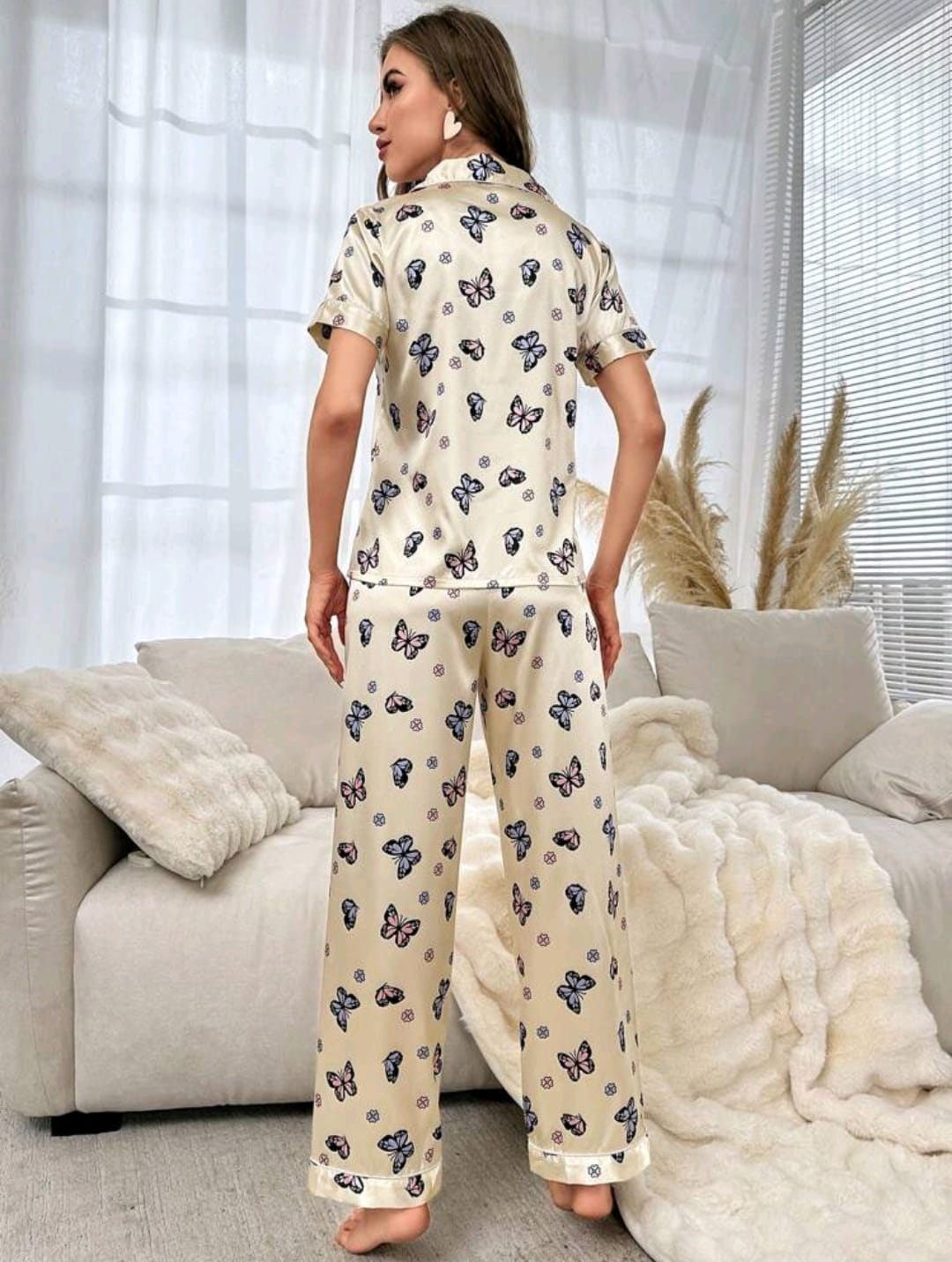 Butterfly Print Contrast Piping Satin PJ Set