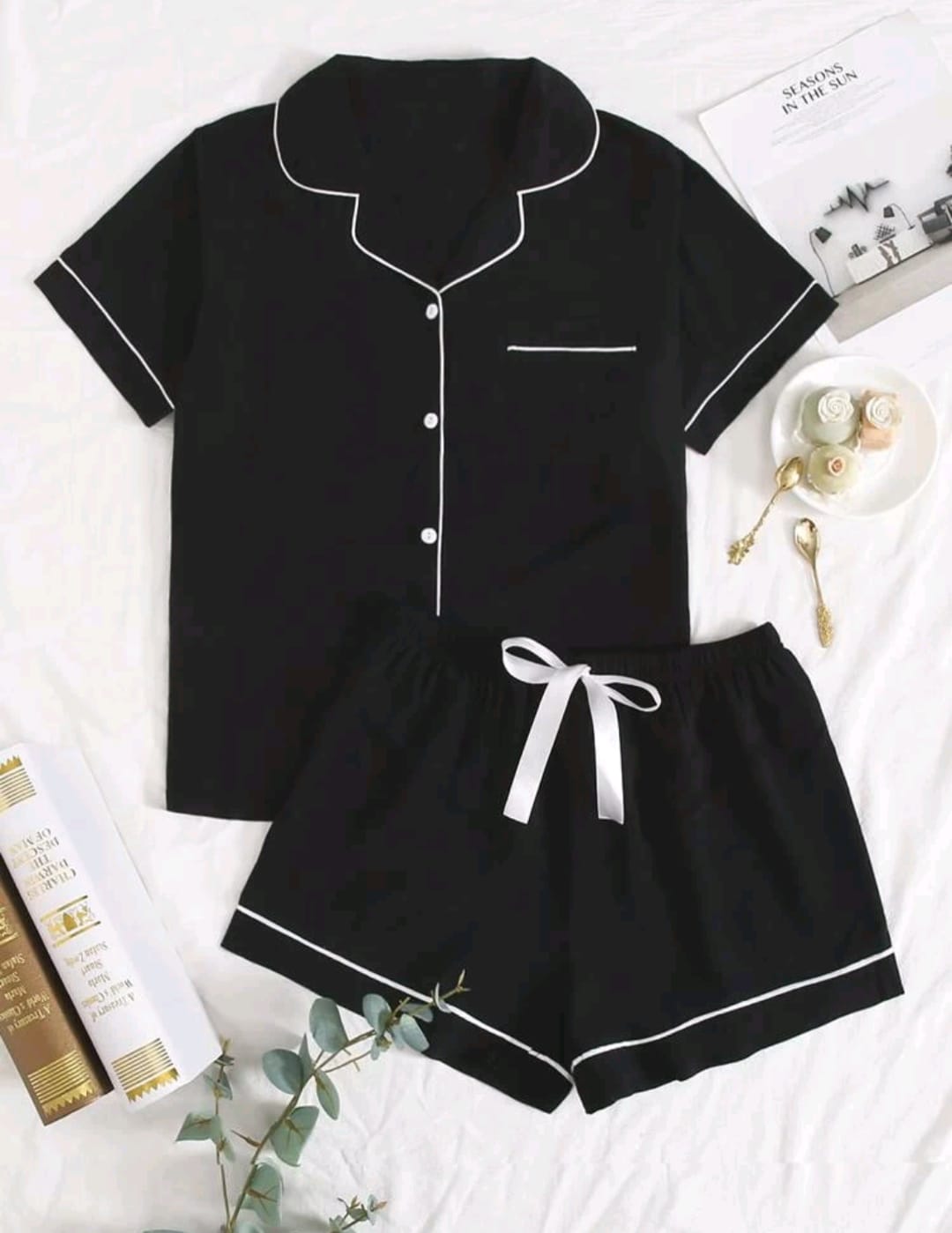 Lapel Contrast Binding Tie Front PJ Set