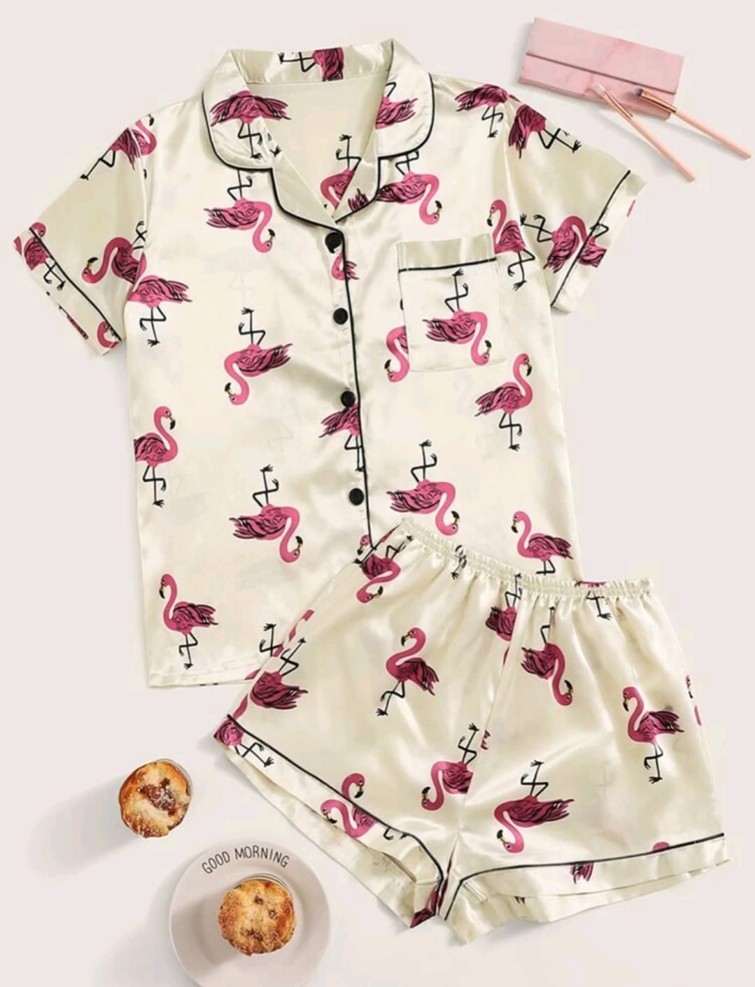 Flamingo Print Satin Pajama Set
