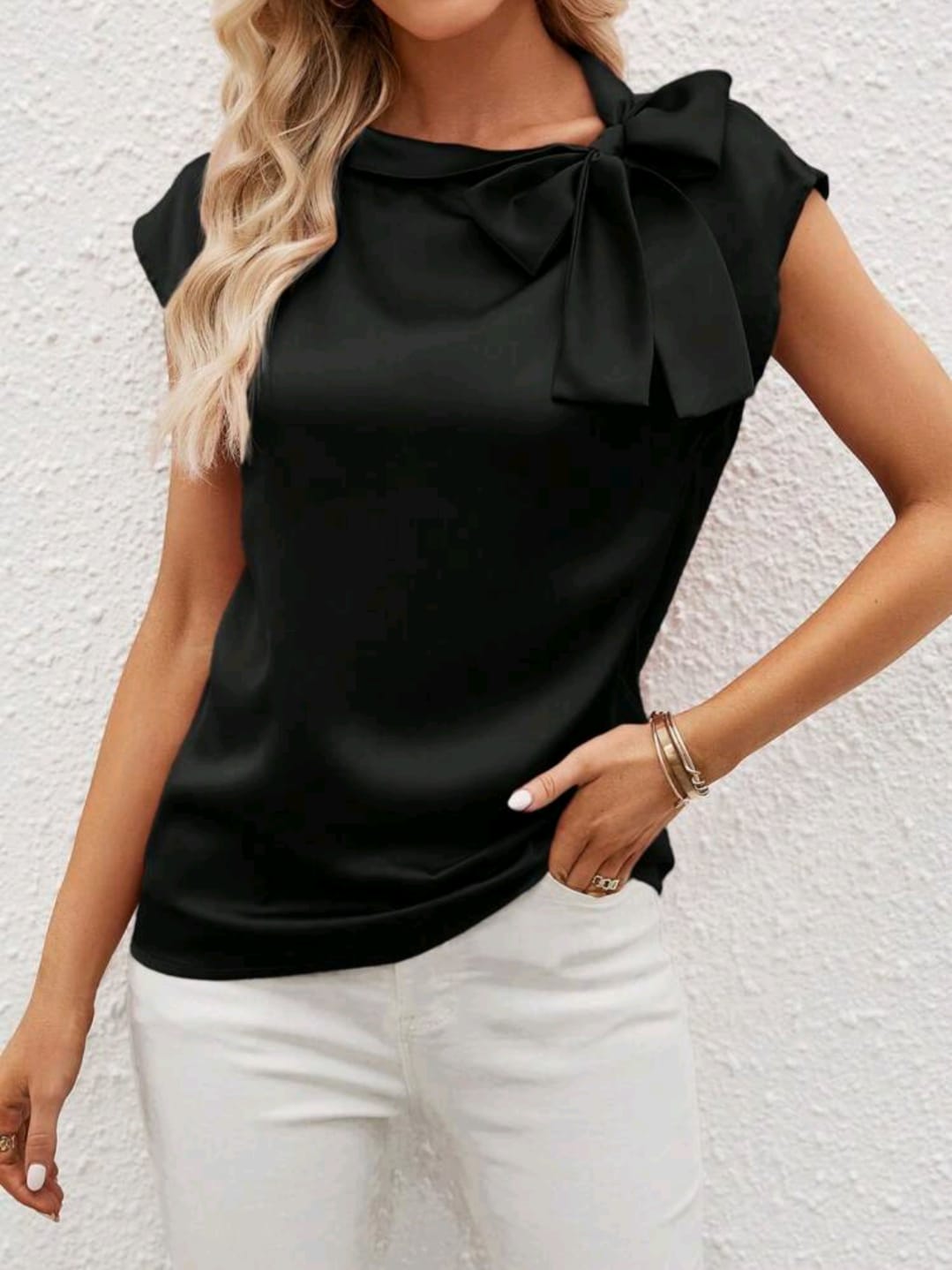 Tie Neck Batwing Sleeve Satin Blouse