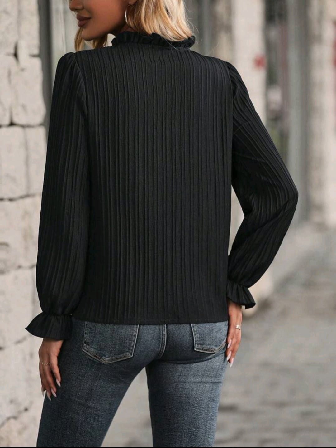 Frill Trim Notched Neckline Blouse