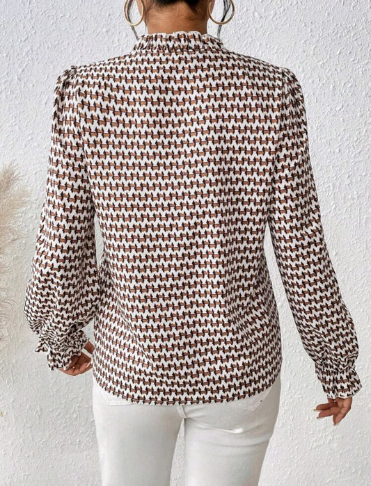 Allover Print Flounce Sleeve Frill Trim Blouse