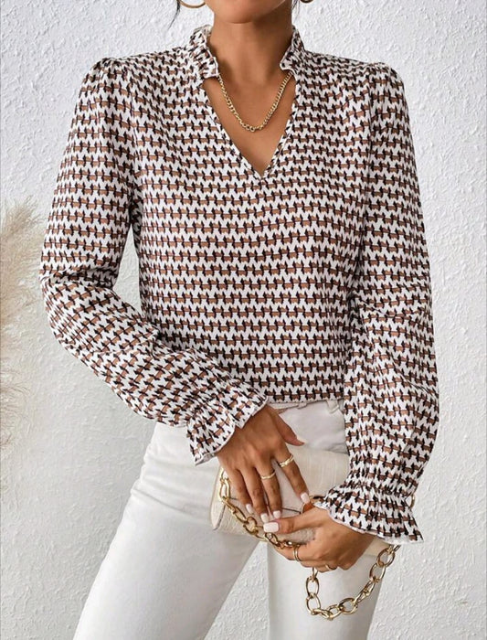 Allover Print Flounce Sleeve Frill Trim Blouse