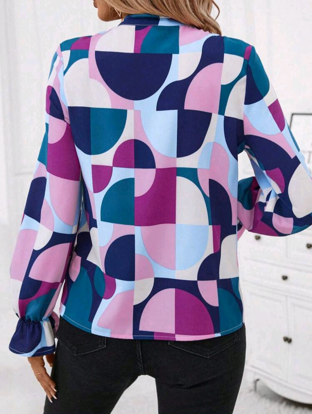 Geo Print Tie Neck Flounce Sleeve Blouse