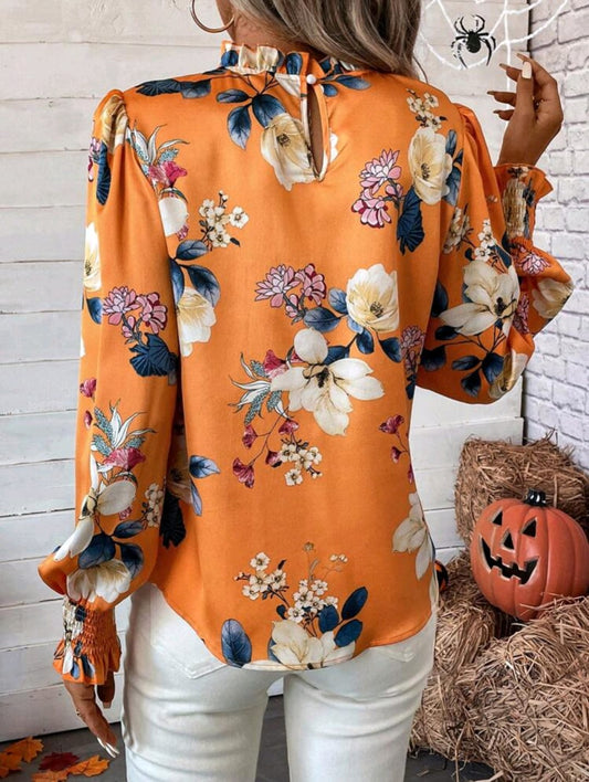 Floral Print Frill Trim Flare Sleeve Blouse