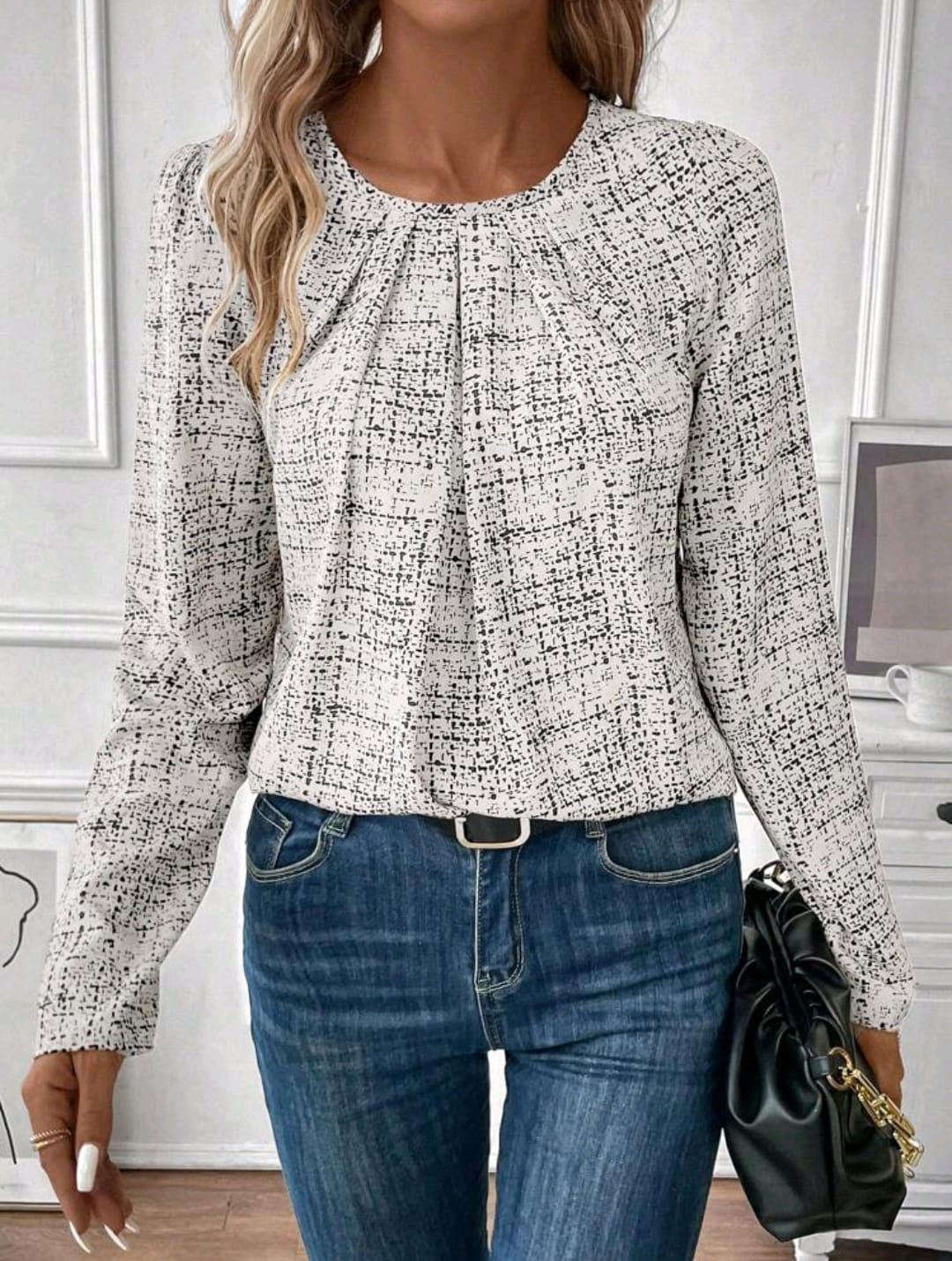 Allover Print Fold Pleated Detail Blouse