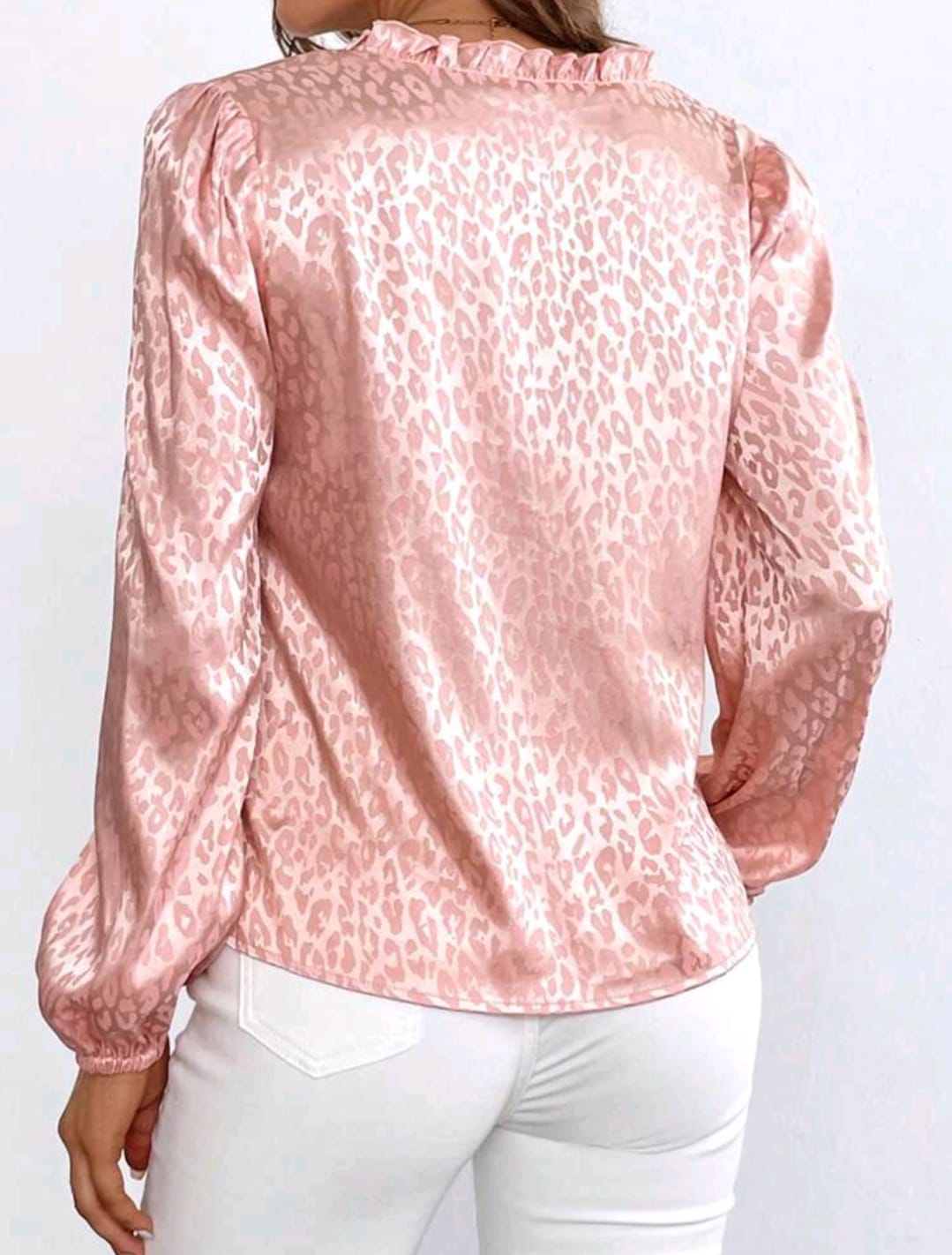 Notched Neckline Lantern Sleeve Satin Blouse