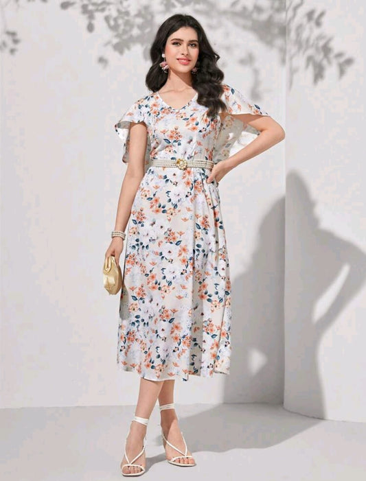 Floral Print Cloak Sleeve Dress Without Belt