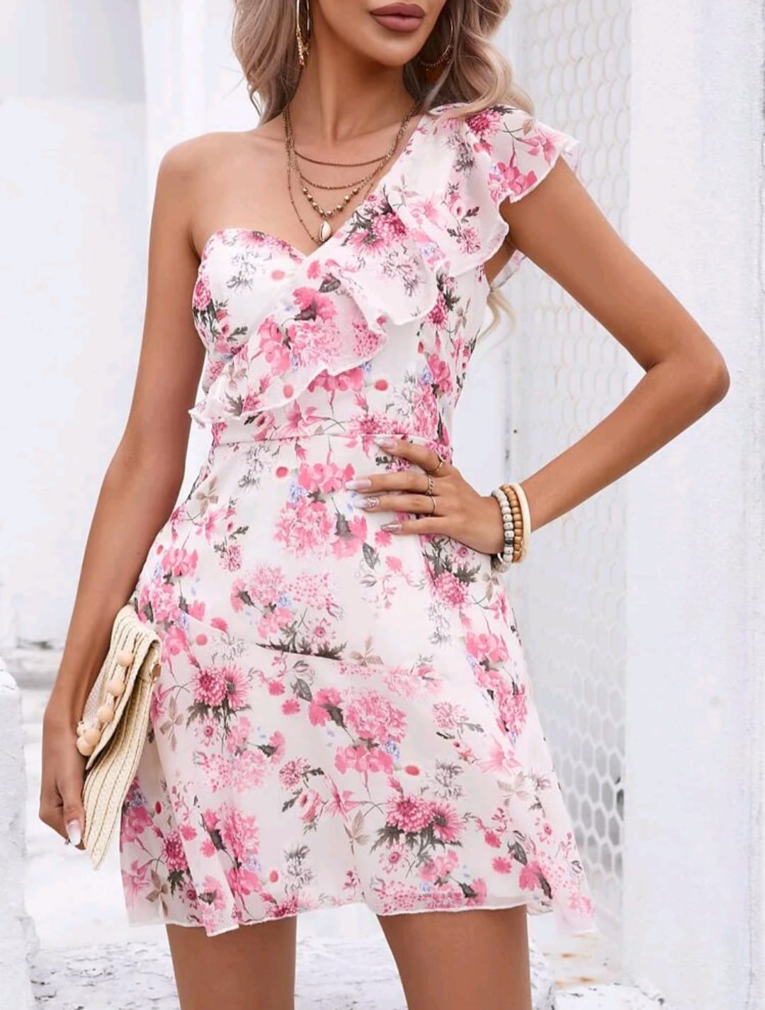 One Shoulder Ruffle Trim Dress