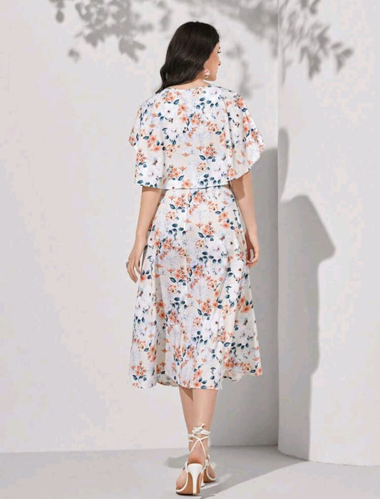 Floral Print Cloak Sleeve Dress Without Belt