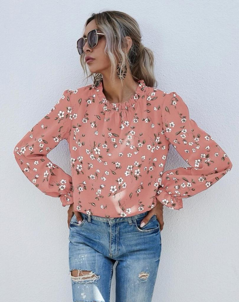 Flounce Sleeve Frill Neck Floral Print Blouse