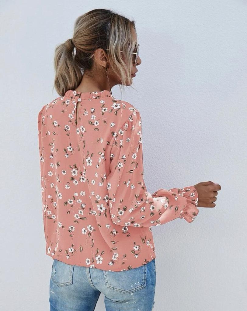 Flounce Sleeve Frill Neck Floral Print Blouse