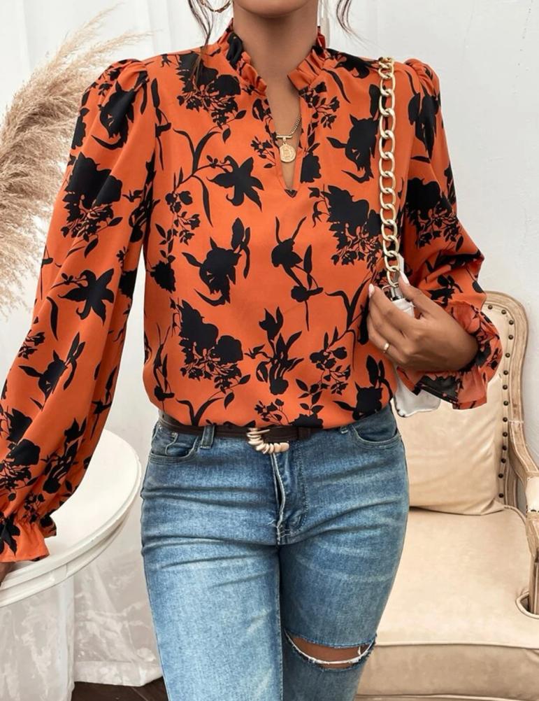 Flounce Sleeve Frilled Neck Blouse