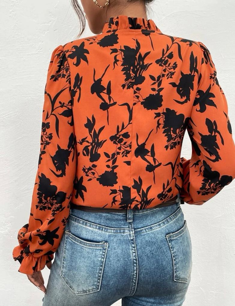 Flounce Sleeve Frilled Neck Blouse