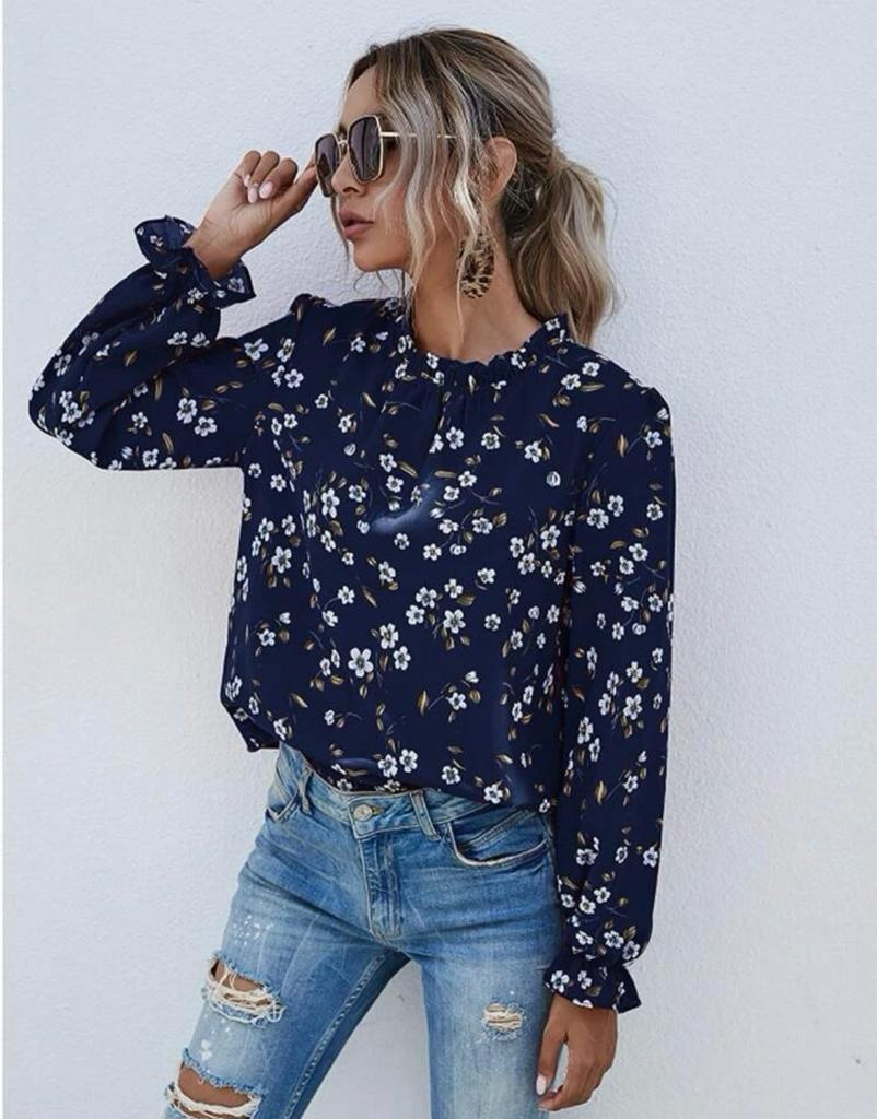 Flounce Sleeve Frill Neck Floral Print Blouse