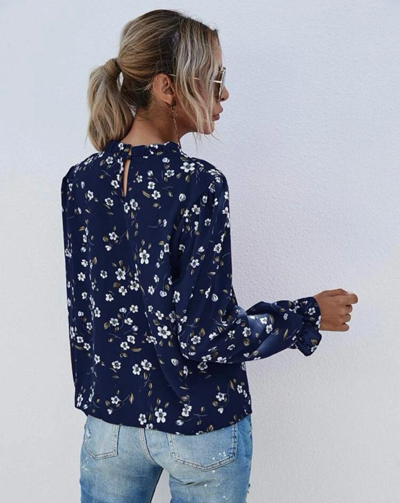 Flounce Sleeve Frill Neck Floral Print Blouse