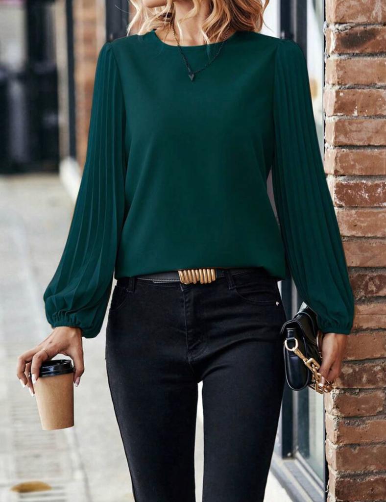 Solid Pleated Lantern Sleeve Blouse