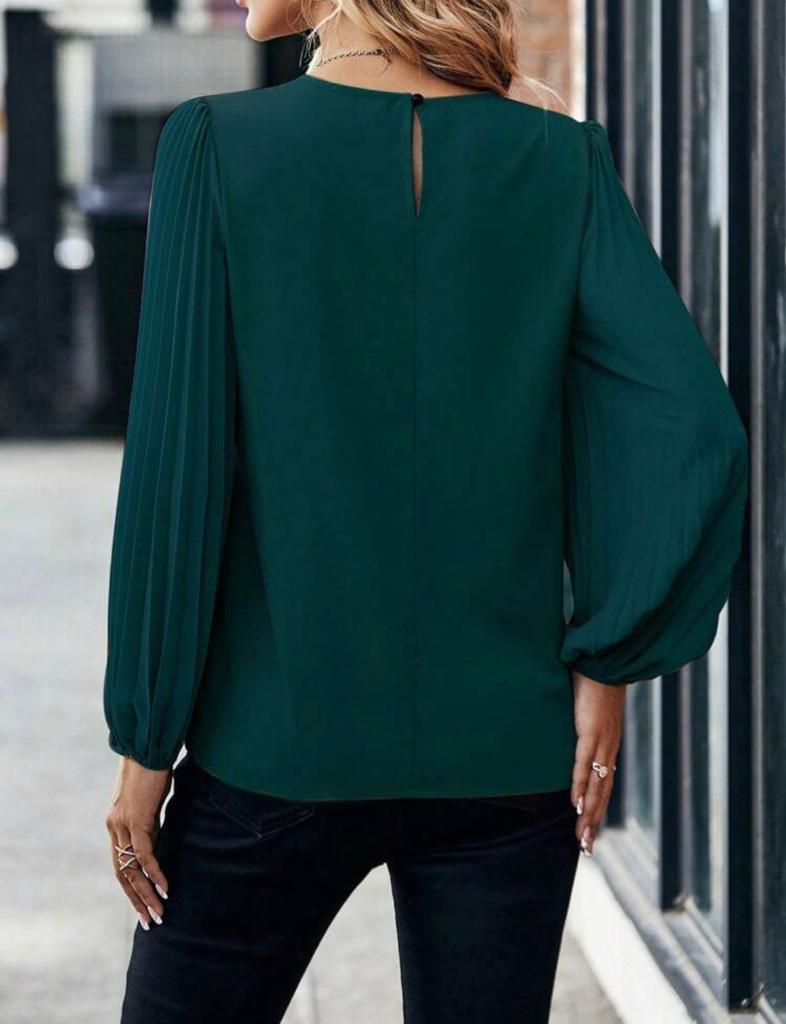 Solid Pleated Lantern Sleeve Blouse