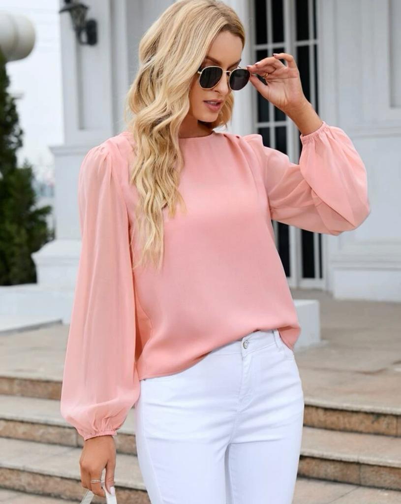 Lantern Sleeve Keyhole Back Blouse