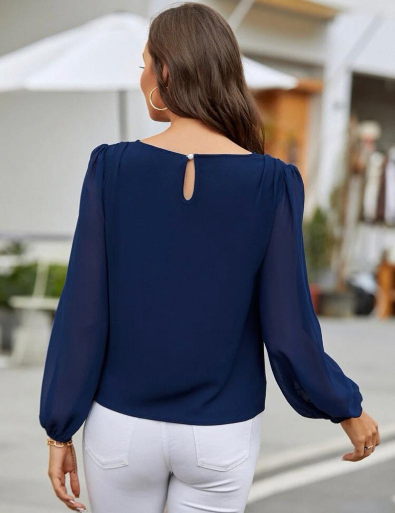 Lantern Sleeve Keyhole Back Blouse