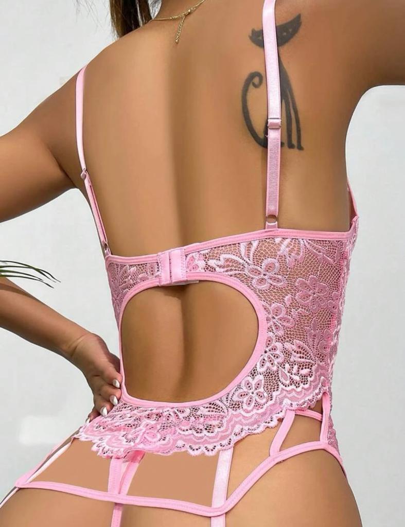 Floral Lace Underwire Garter Lingerie Set With 1pair Leg Ring