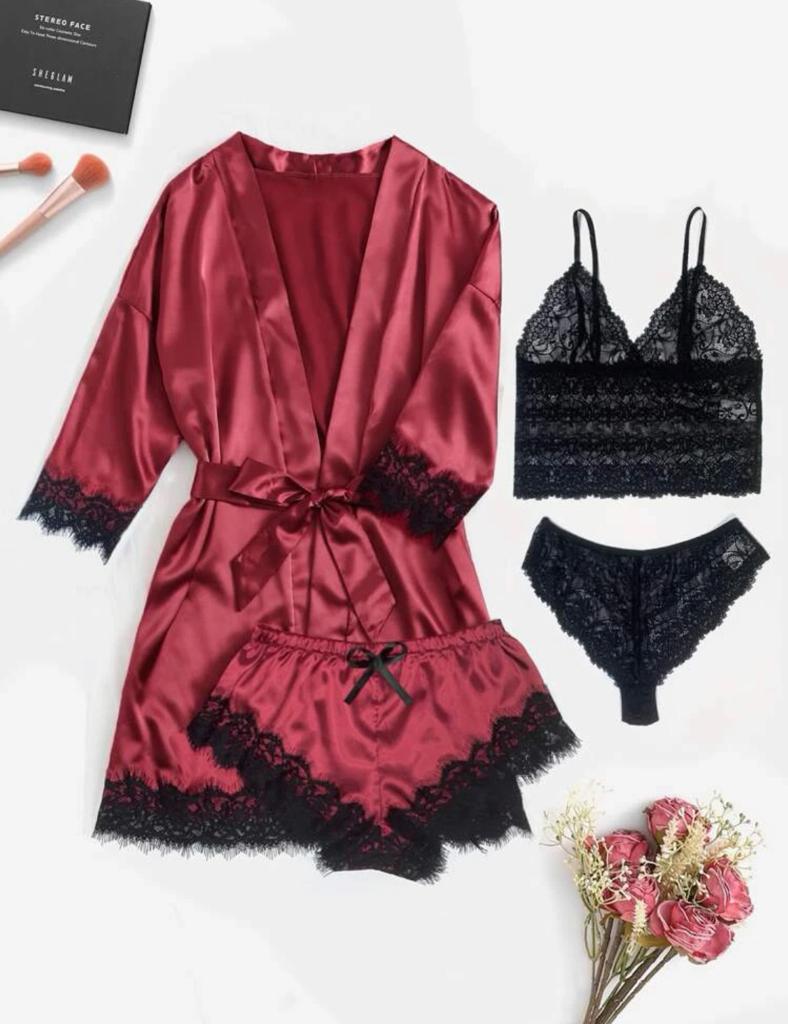 4pack Floral Lace Satin Lingerie Set & Belted Robe