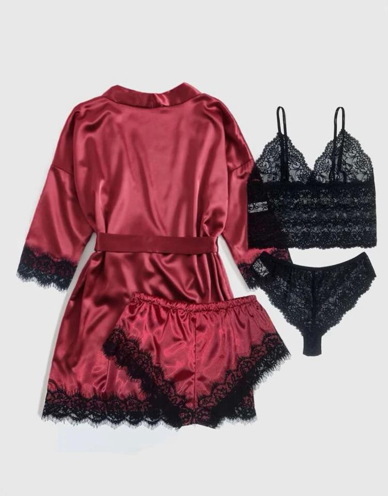 4pack Floral Lace Satin Lingerie Set & Belted Robe