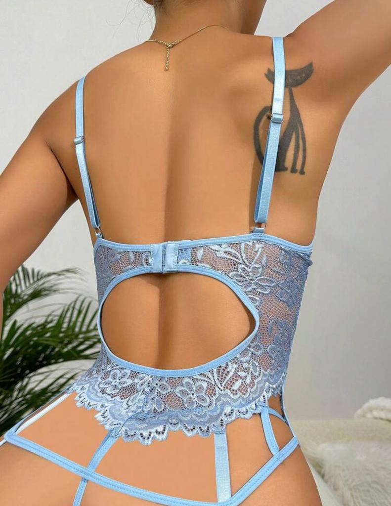Floral Lace Underwire Garter Lingerie Set With 1pair Leg Ring