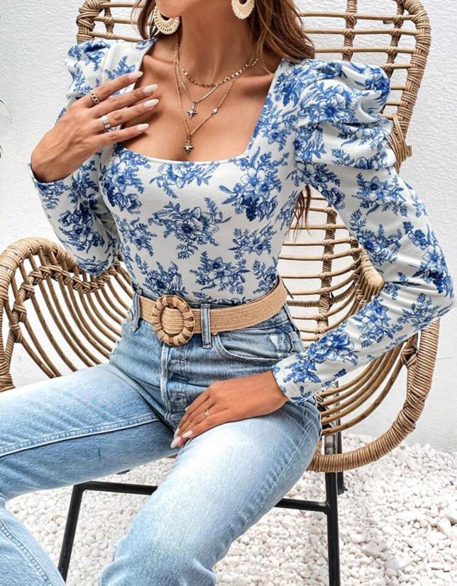 Floral Print Gigot Sleeve Square Neck Tee