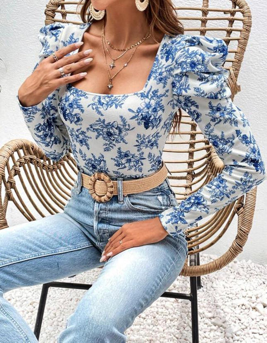 Floral Print Gigot Sleeve Square Neck Tee