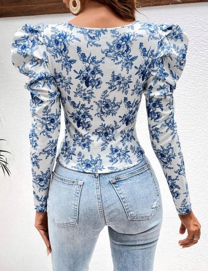 Floral Print Gigot Sleeve Square Neck Tee