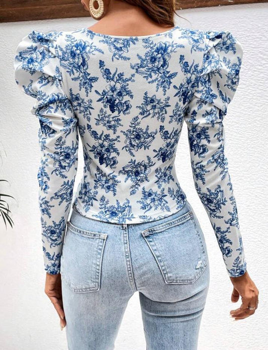 Floral Print Gigot Sleeve Square Neck Tee