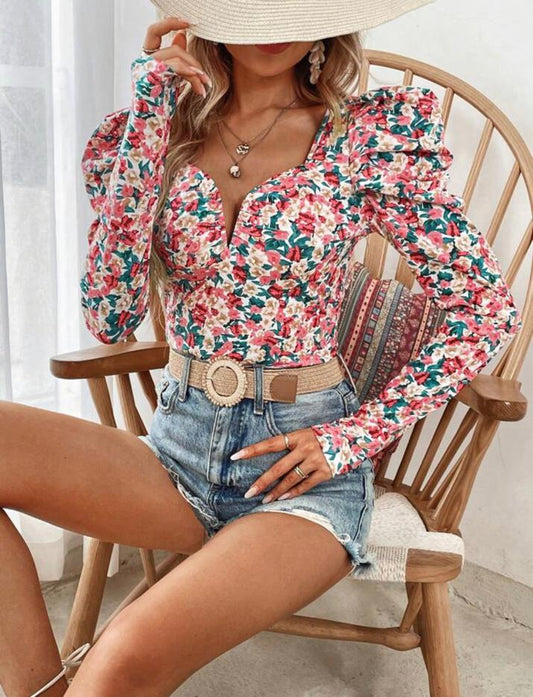 Notched Neckline Gigot Sleeve Tee