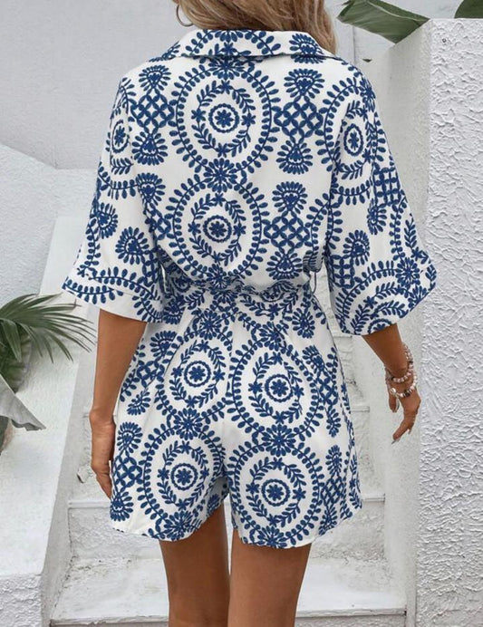Allover Pattern Batwing Sleeve Belted Shirt Romper