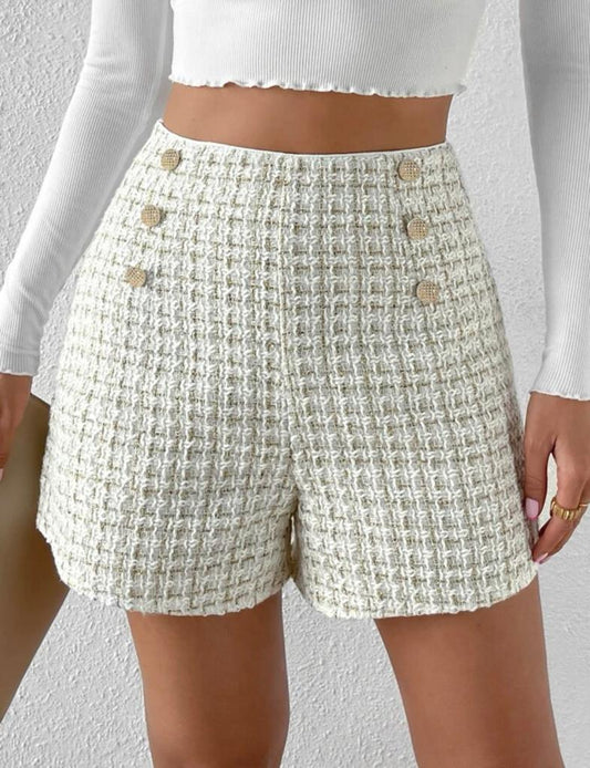 High Waist Fake Button Tweed Shorts