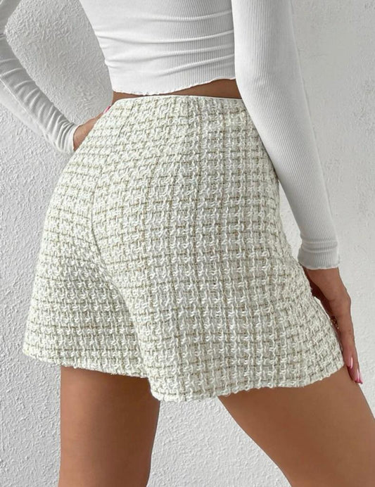 High Waist Fake Button Tweed Shorts