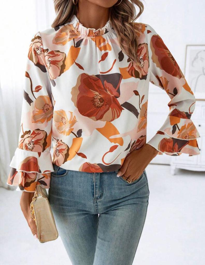 Floral Print Flare Sleeve Frill Neck Blouse