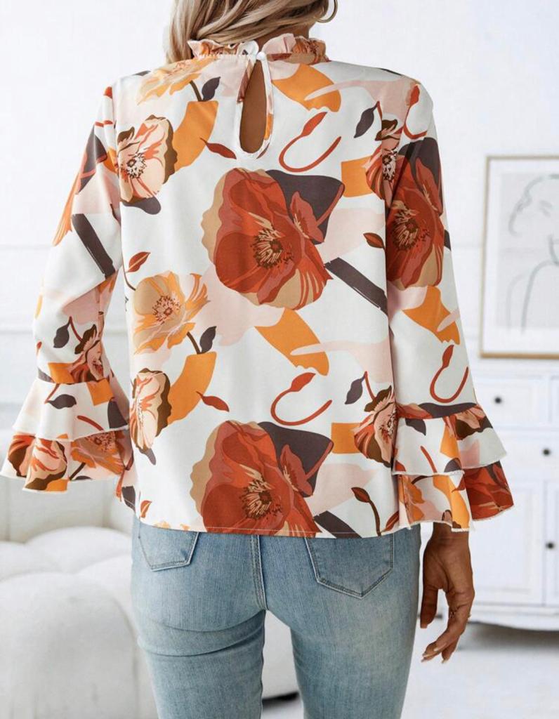 Floral Print Flare Sleeve Frill Neck Blouse