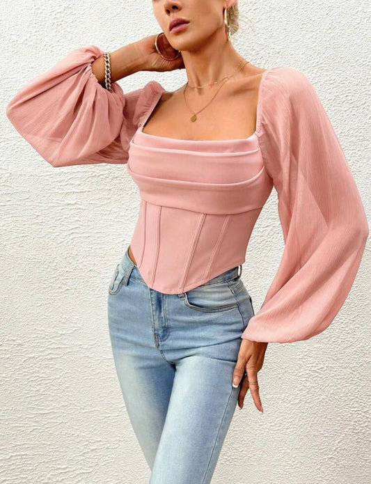 Lantern Sleeve Asymmetrical Hem Blouse