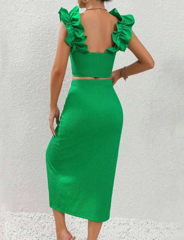 Ruffle Trim Crop Top & Split Thigh Skirt