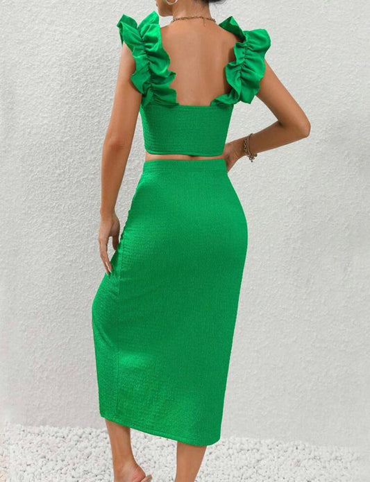 Ruffle Trim Crop Top & Split Thigh Skirt