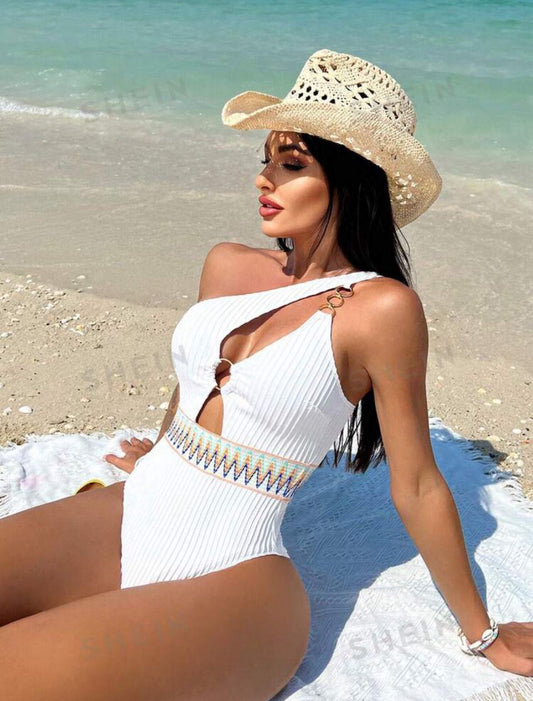 Chevron Tape Ring Linked One Shoulder Swimsuit