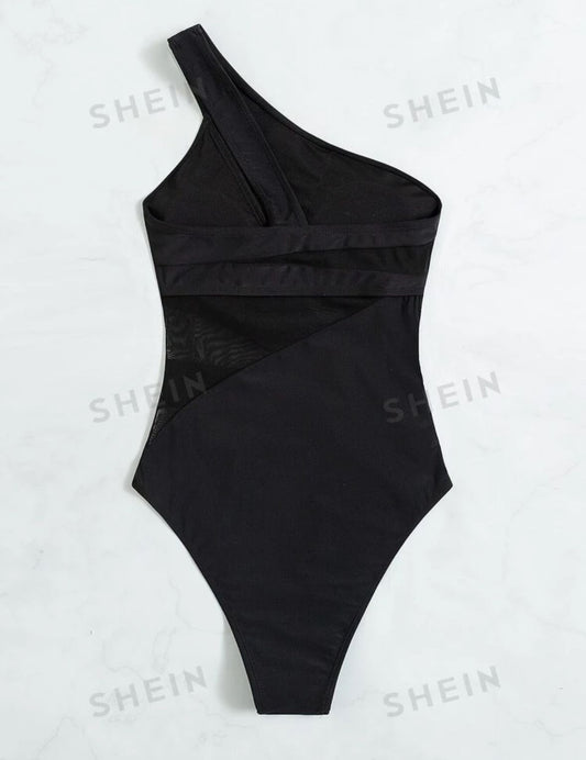 Contrast Mesh One Shoulder One Piece Swimsuit
