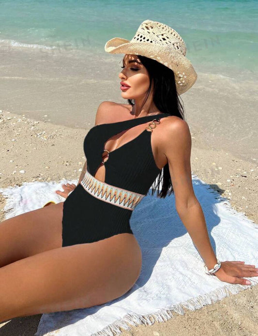 Chevron Tape Ring Linked One Shoulder Swimsuit