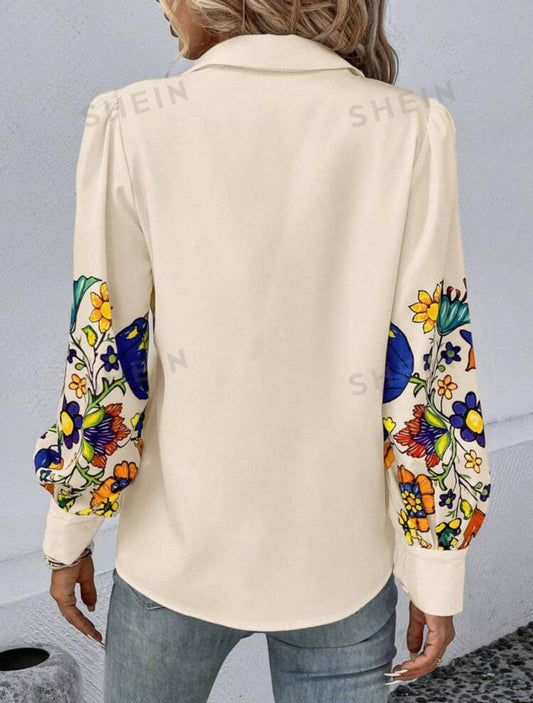 Flower Pattern Button Front Lantern Sleeve Shirt
