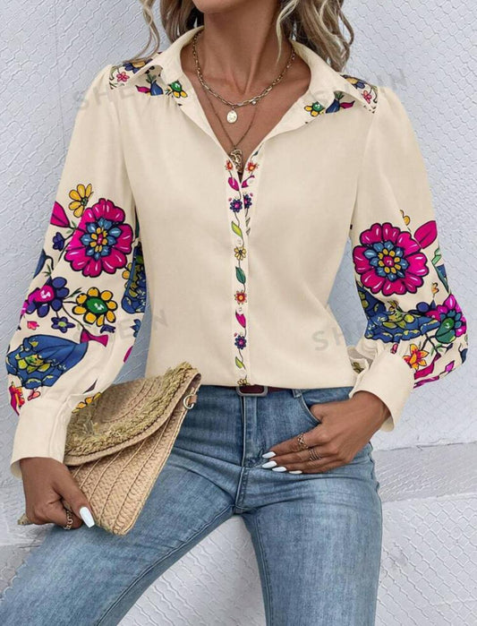 Floral Print Lantern Sleeve Casual Shirt