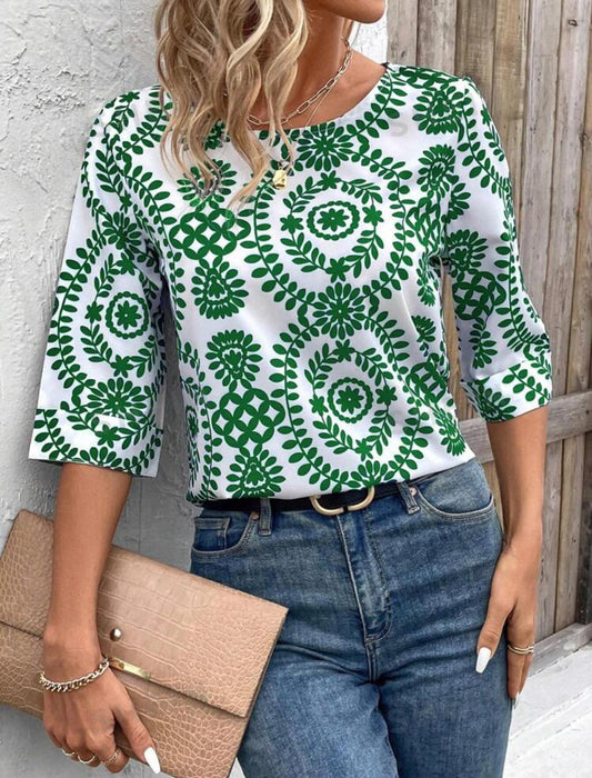 Printed Round Neck Casual Three Quarter Sleeve Shirt